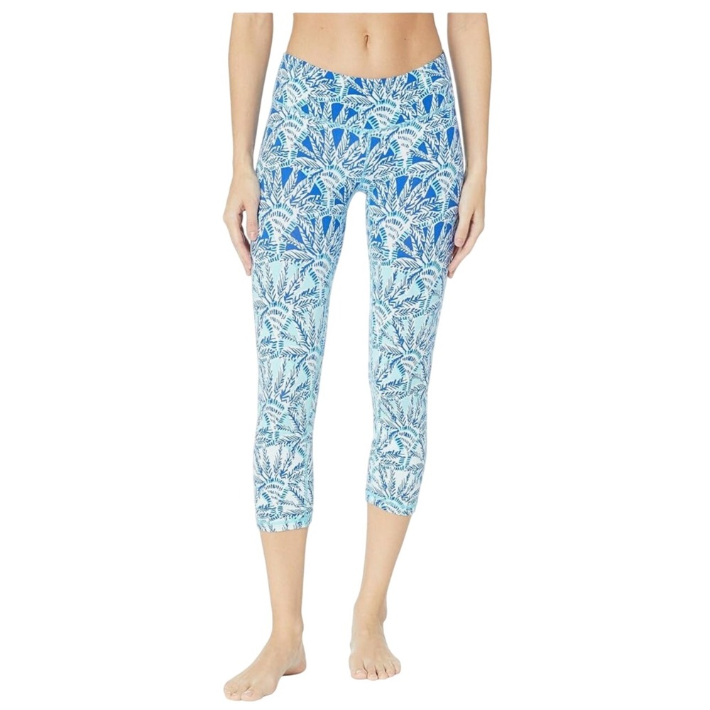 Lilly Pulitzer Luxletic Leggings Womens Medium UPF 50+‎ Blue Tropical Palm Crop